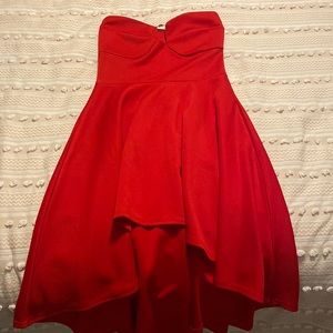 Red strapless boohoo high-low dress